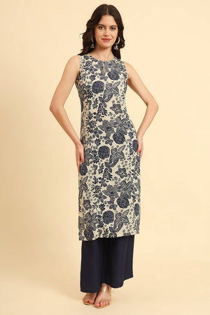 Blue Floral Printed Cotton Straight Kurti