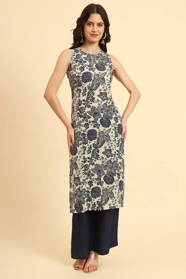 Blue Floral Printed Cotton Straight Kurti