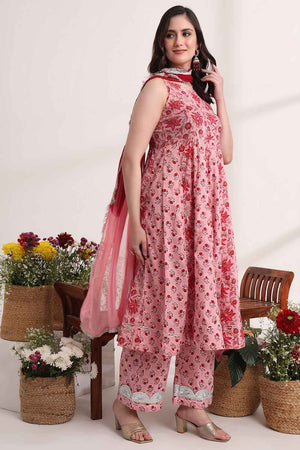 Pink Floral Printed Cotton Anarkali Suit Set