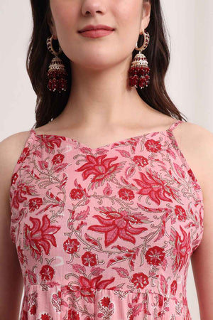 Pink Floral Printed Cotton Anarkali Suit Set