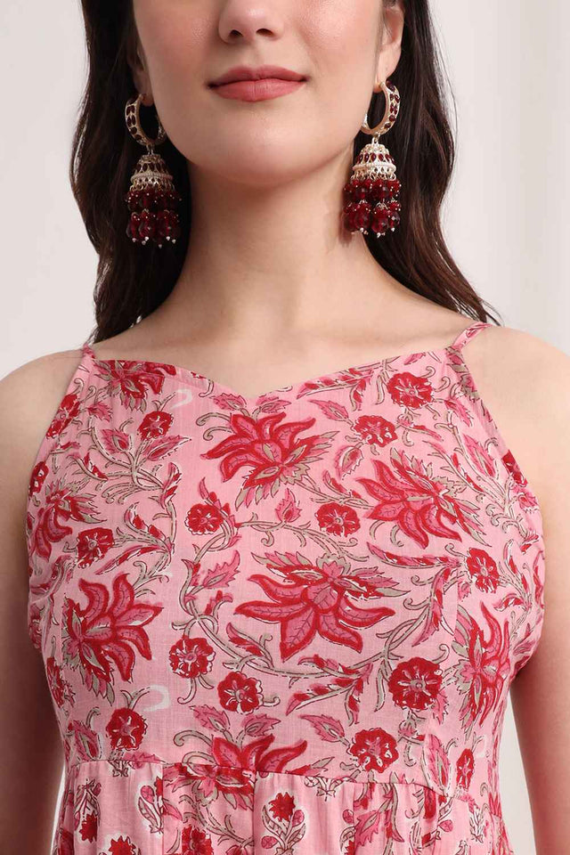 Pink Floral Printed Cotton Anarkali Suit Set