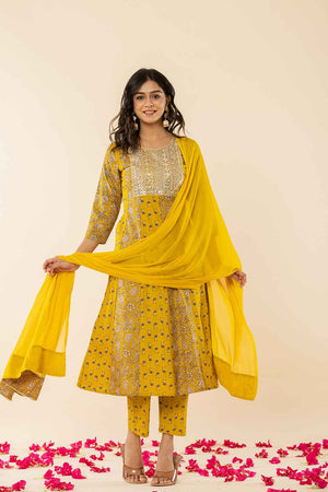 Yellow Floral Print Embroidered Pure Cotton Kurti Pant Set