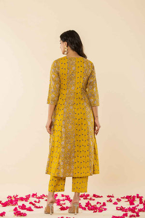 Yellow Floral Print Embroidered Pure Cotton Kurti Pant Set