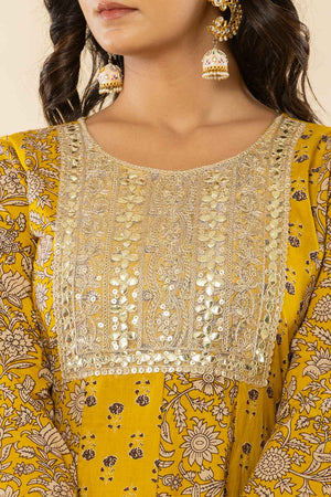 Yellow Floral Print Embroidered Pure Cotton Kurti Pant Set