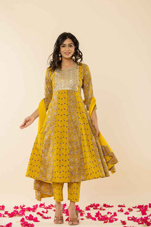 Yellow Floral Print Embroidered Pure Cotton Kurti Pant Set