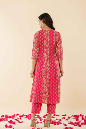 Pink Floral Print Embroidered Pure Cotton Kurti Pant Set