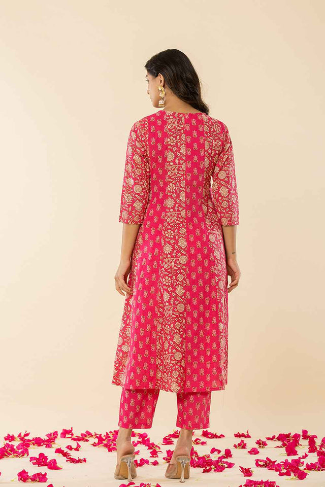 Pink Floral Print Embroidered Pure Cotton Kurti Pant Set