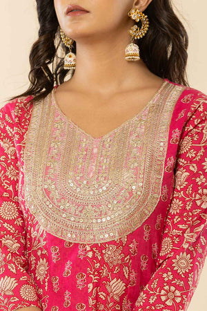 Pink Floral Print Embroidered Pure Cotton Kurti Pant Set