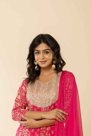 Pink Floral Print Embroidered Pure Cotton Kurti Pant Set