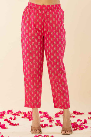 Pink Floral Print Embroidered Pure Cotton Kurti Pant Set