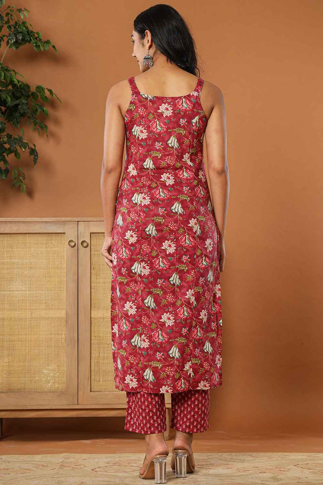 Brown Floral Print Pure Cotton Kurti Pant Set