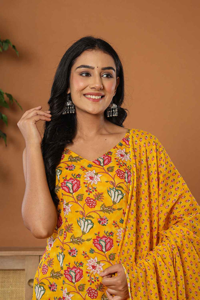 Yellow Floral Print Pure Cotton Kurti Pant Set