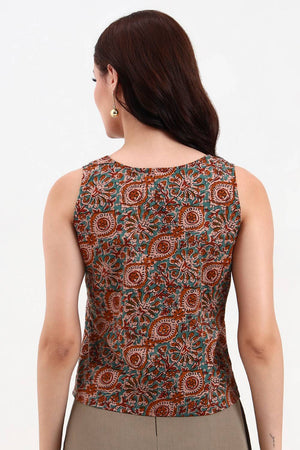 Brown Geometric Printed Cotton Tops & Tunics