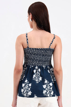 Navy Blue Floral Printed Cotton Tops & Tunics
