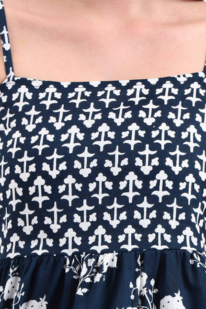 Navy Blue Floral Printed Cotton Tops & Tunics