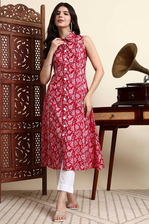 Pink Floral Printed Cotton Anarkali Kurti