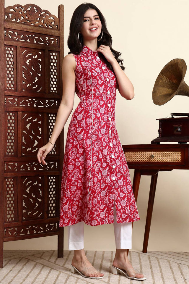 Pink Floral Printed Cotton Anarkali Kurti