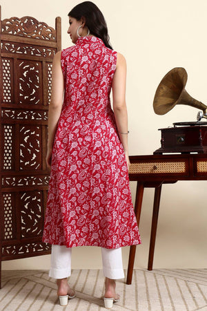 Pink Floral Printed Cotton Anarkali Kurti