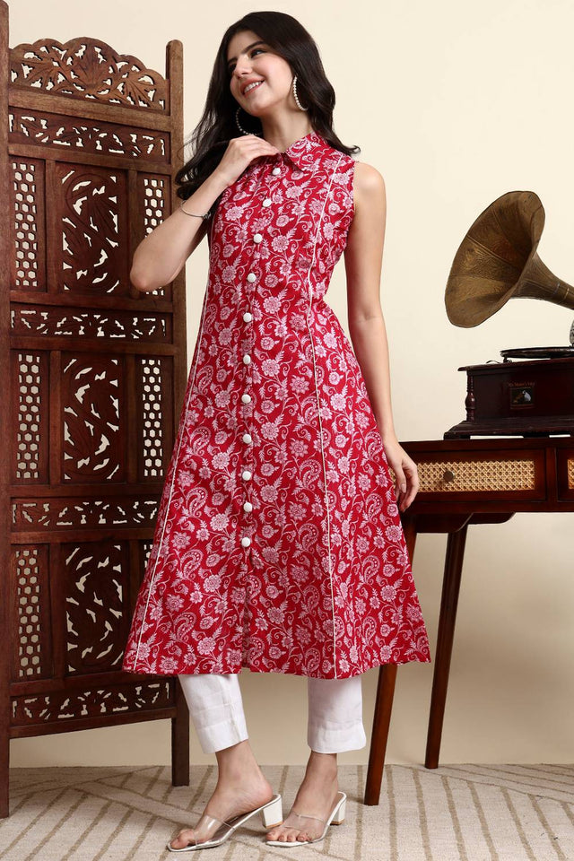 Pink Floral Printed Cotton Anarkali Kurti