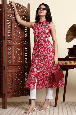Pink Floral Printed Cotton Anarkali Kurti