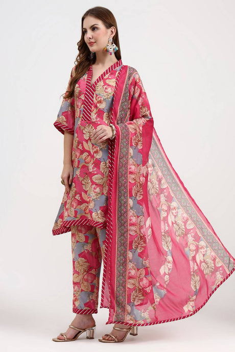 Red Floral Printed Silk Straight Cut Suit Set