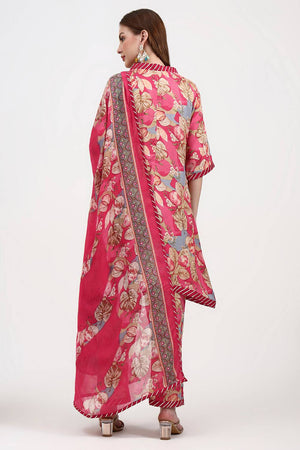 Red Floral Printed Silk Straight Cut Suit Set