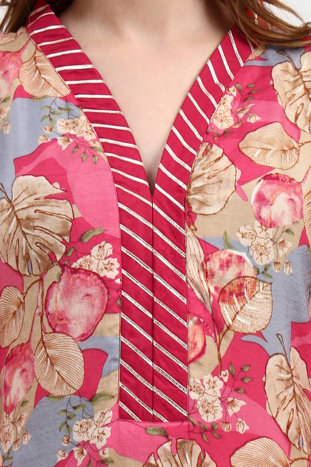 Red Floral Printed Silk Straight Cut Suit Set