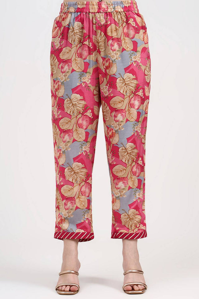 Red Floral Printed Silk Straight Cut Suit Set