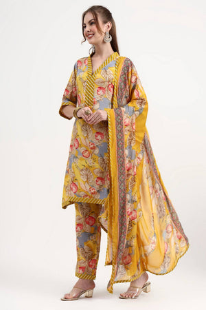 Yellow Floral Printed Silk Straight Cut Suit Set