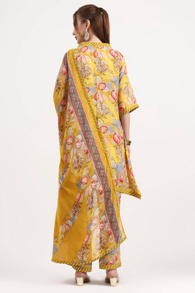 Yellow Floral Printed Silk Straight Cut Suit Set