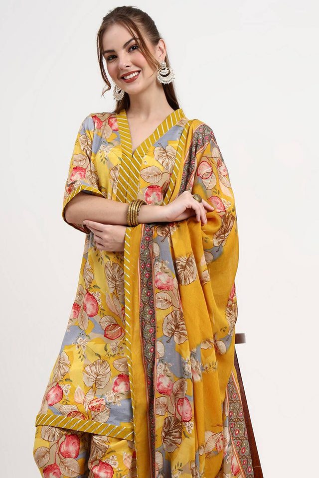 Yellow Floral Printed Silk Straight Cut Suit Set