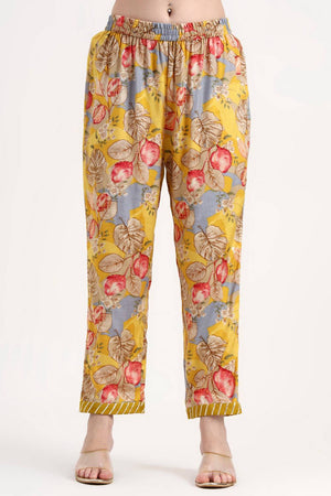 Yellow Floral Printed Silk Straight Cut Suit Set