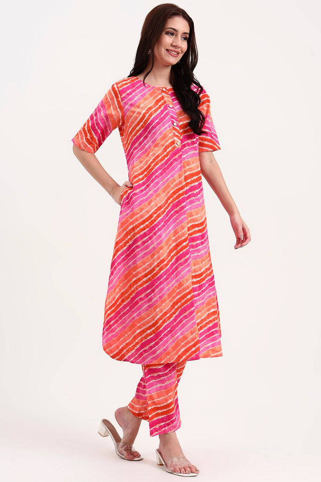 Pink Leheriya Printed Cotton Straight Cut Suit Set