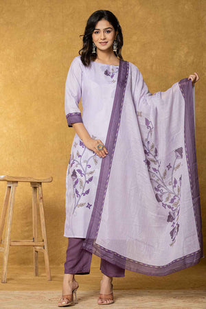 Violet Ethnic Motifs Linen Kurti Pant Set