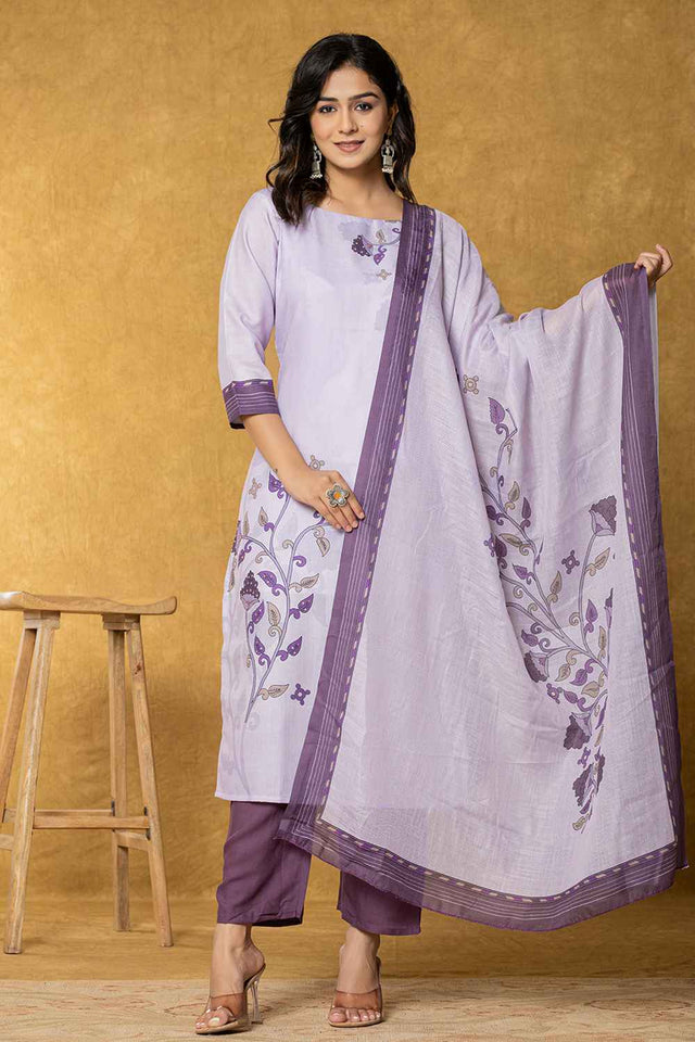 Violet Ethnic Motifs Linen Kurti Pant Set