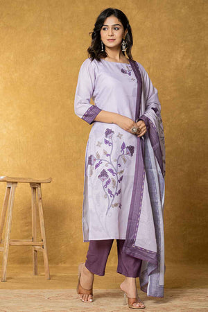 Violet Ethnic Motifs Linen Kurti Pant Set