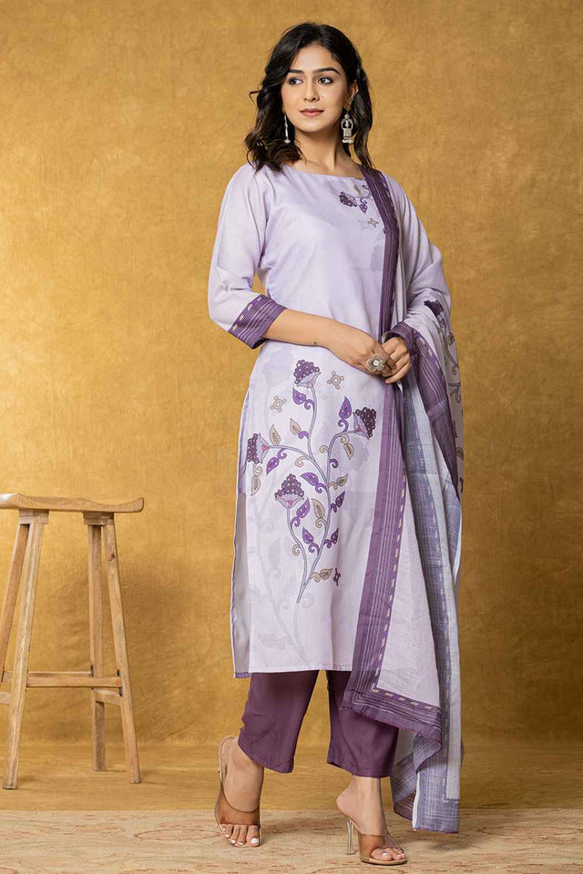 Violet Ethnic Motifs Linen Kurti Pant Set