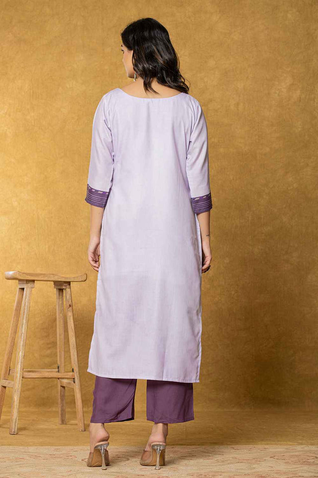 Violet Ethnic Motifs Linen Kurti Pant Set