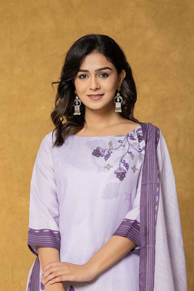 Violet Ethnic Motifs Linen Kurti Pant Set