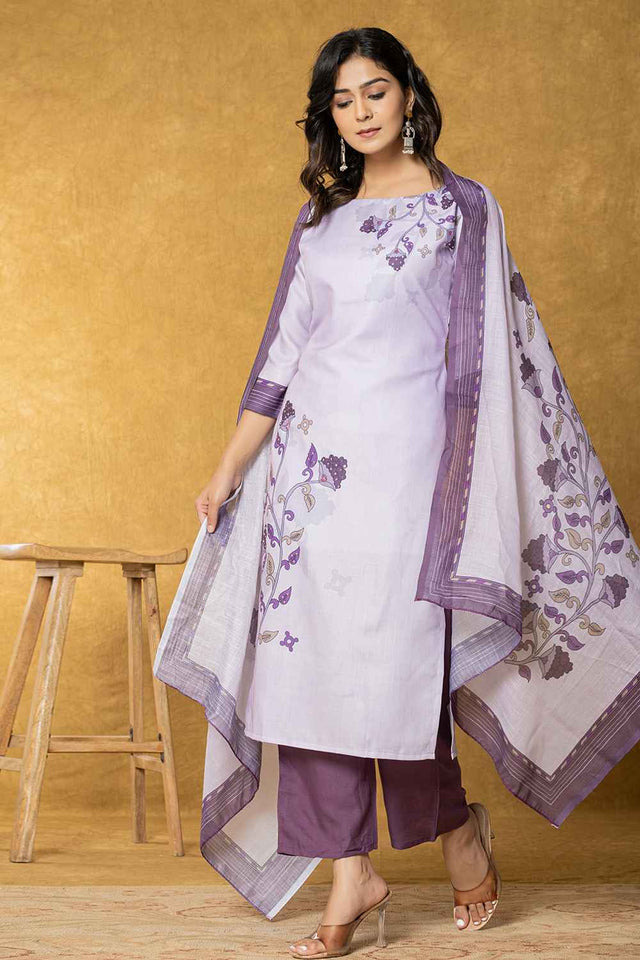 Violet Ethnic Motifs Linen Kurti Pant Set
