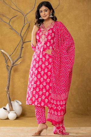 Pink Bandhani Zari Work Pure Cotton Kurti Pant Set