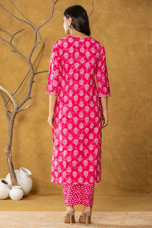 Pink Bandhani Zari Work Pure Cotton Kurti Pant Set