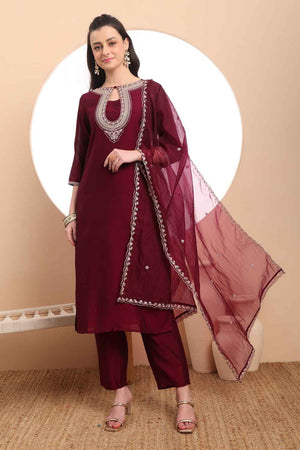 Wine Solid Silk Kurti Pant Set
