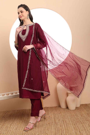 Wine Solid Silk Kurti Pant Set