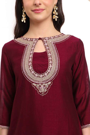 Wine Solid Silk Kurti Pant Set