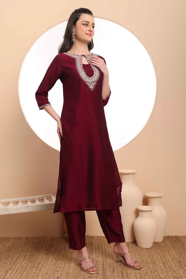 Wine Solid Silk Kurti Pant Set