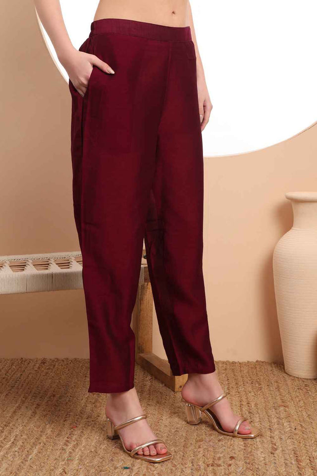 Wine Solid Silk Kurti Pant Set