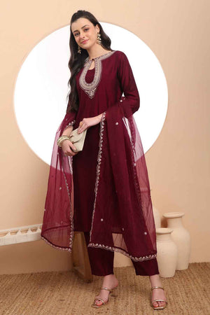 Wine Solid Silk Kurti Pant Set