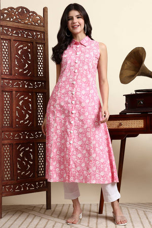 Pink Floral Printed Cotton Anarkali Kurti