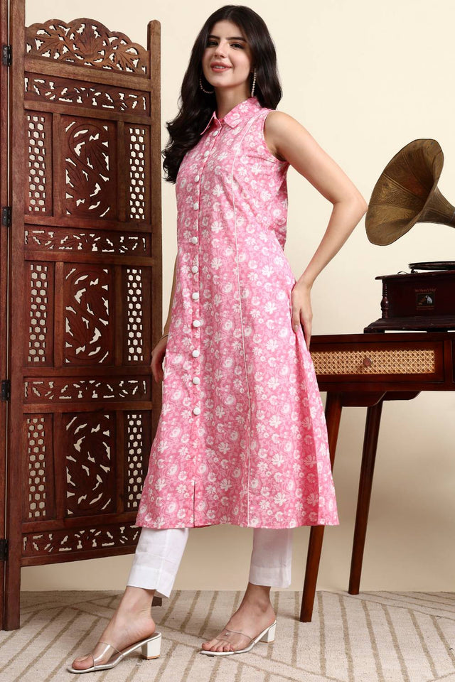Pink Floral Printed Cotton Anarkali Kurti